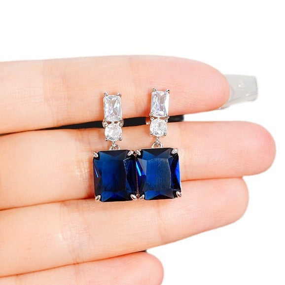 Blue Contrast Zircon Earrings Fashionable Women