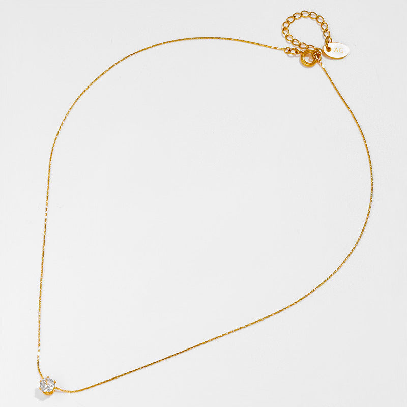 Simple Titanium Steel Six-Claw Round Zircon Pendant Necklace