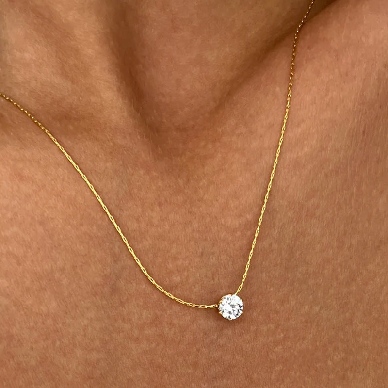 Simple Titanium Steel Six-Claw Round Zircon Pendant Necklace